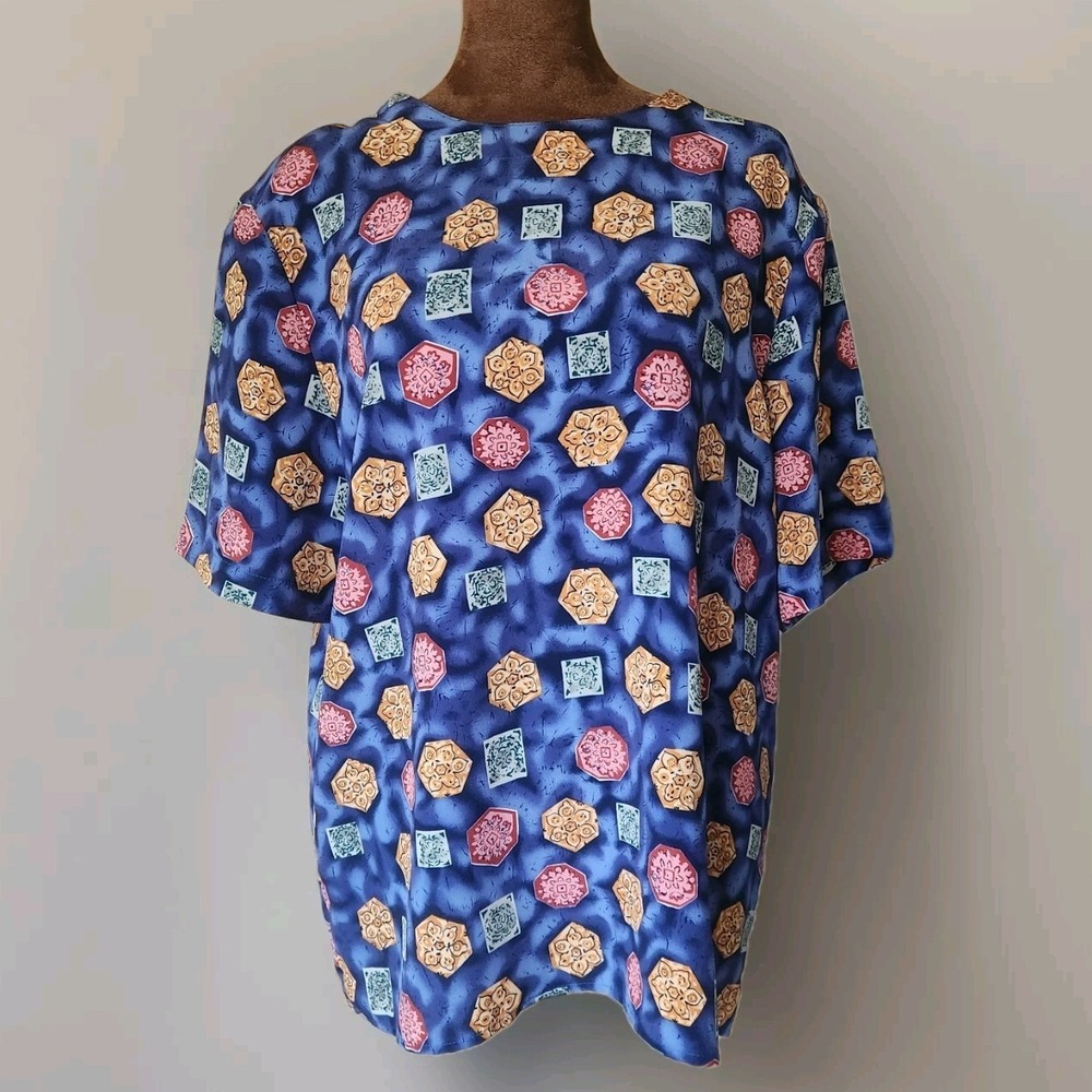 Vintage Kathy Che Top Size L Colorful Geometric Short Sleeve USA Made 80s‎